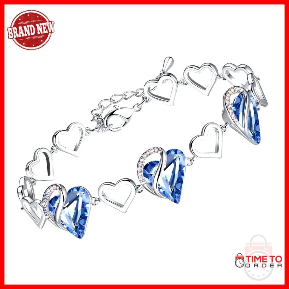 Silver Tone Link Bracelet Elegant Heart Crystal Charm Adjustable Lobster Clasp
